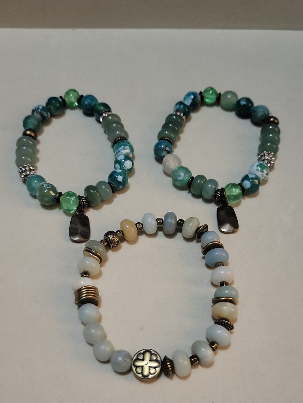 Chico's Three-Piece Beaded Bracelet Set - Green, Teal & Cream